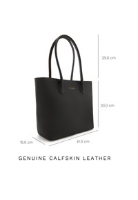 Sac fourre-tout noir en cuir de veau véritable, avec deux poignées rondes, une texture lisse, et des dimensions de 41 x 30 x 15 cm.
