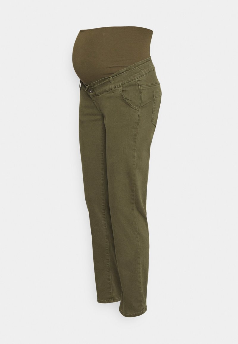 Jeans de maternidade em verde oliva, com um cós elástico, design de perna reta e estilo clássico de cinco bolsos. Textura suave e lisa.