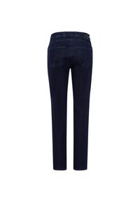 Jeans in denim blu scuro con taglio dritto, dotati di due tasche posteriori e texture liscia. Nessun logo o decorazione visibili.