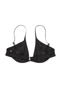 Černý bikiny top vyrobený z hladkého materiálu s trojúhelníkovými košíčky, nastavitelnými popruhy a kovovým zapínáním na zádech. Minimalistický design.
