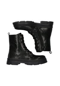 Stivaletti neri alla caviglia con superficie strutturata, dettagli lucidi, punte arrotondate e occhielli rotondi. Presentano una cerniera laterale e una suola spessa in gomma.