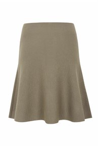 Gonna a trapezio in maglia verde oliva. Presenta una vita aderente e una forma svasata, realizzata in un tessuto morbido e strutturato.