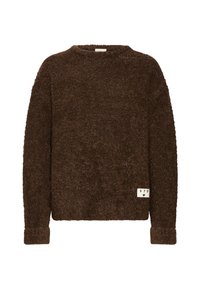 Maglione marrone fluffy con collo rotondo, maniche lunghe e polsini a costine. Presenta un piccolo etichetta con "STD" sulla parte anteriore in basso a sinistra.
