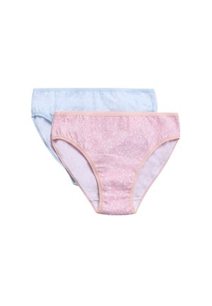 Conjunto de ropa interior de algodón con dos pares: uno azul claro liso y otro rosa con un estampado floral blanco. Cintura elástica, estilo clásico de braguitas.
