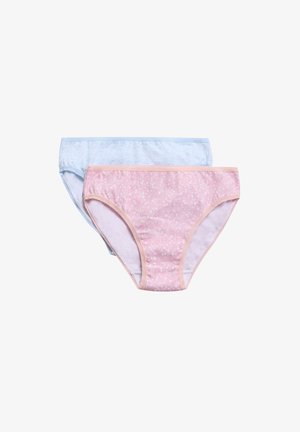 Conjunto de ropa interior de algodón con dos pares: uno azul claro liso y otro rosa con un estampado floral blanco. Cintura elástica, estilo clásico de braguitas.