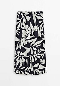 Bloemenprint rok van zwarte stof met witte botanische patronen, halflang, met een gladde textuur en een rechte silhouet.