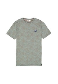 T-shirt a maniche corte in cotone verde oliva con un sottile motivo a foglie, colletto rotondo a costine e una piccola etichetta con logo sul petto.