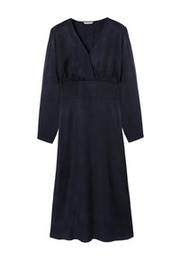 Vestido azul marino con escote en V, mangas largas y cintura ajustada. Fabricado en tela texturizada con un patrón sutil. Con dobladillo acampanado.