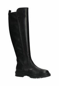 Zwarte leren kniehoge laars met een ronde neus, dikke rubberen zool en minimaal stiksel. Gladde textuur met een sleek, hoge ontwerp.