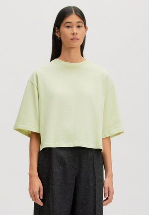 Jonge vrouw met lang donker haar die een lichtgroen oversized cropped T-shirt en donkere hoge taille wijde broek draagt, staand voor een effen achtergrond.