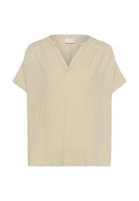 Blusa beige a maniche corte realizzata in tessuto leggero, con scollatura a V e vestibilità morbida, caratterizzata da leggere arricciature sulle spalle.