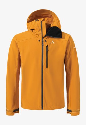 Wasserfeste orangefarbene Jacke mit einem Reißverschluss vorne, verstellbarer Kapuze und schwarzem Kragenfutter. Verfügt über eine Brusttasche und verstellbare Manschetten.