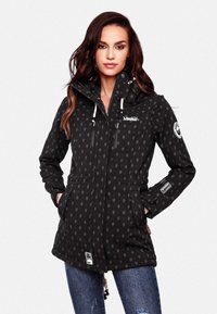Black winter jacket featuring a geometric pattern, a hood, zippered pockets, and adjustable drawstring. Made of a textured, waterproof material.