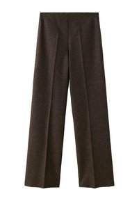 Pantaloni a gamba larga in misto lana marrone scuro, con vita alta, pieghe frontali e una texture liscia, progettati per un fit rilassato.