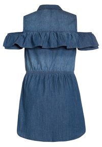 Denimkleid mit schulterfreien Rüschärmeln, tailliertem Schnitt und leicht ausgestelltem Saum. Verfügt über einen Farbverlauf von hell nach dunkel.