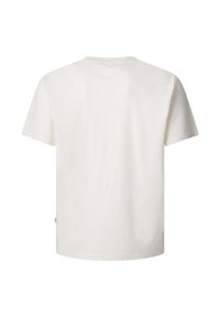 White cotton t-shirt, short sleeves, crew neck, relaxed fit, with a smooth texture and no visible patterns or designs on the back.