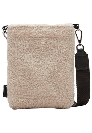 Beige rectangular crossbody bag with curly fleece texture, black adjustable strap, and silver metal clasps.