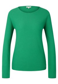 Grüner Pullover mit langen Ärmeln und Rundhalsausschnitt, aus strukturiertem Strickstoff, in taillierter Form und mit dezenten Nähten.