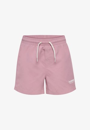Hellrosa Badeshorts mit elastischem Bund, Kordelzug und weißem "hummel sportswear"-Logo auf der unteren rechten Seite.