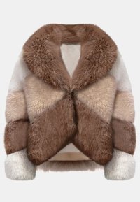 Faux fur jas in beige, bruin en crème kleuren, met een brede kraag, geometrisch patchworkontwerp en gemêleerde oppervlakken.