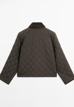 Quilted jacket in dark gray with a corduroy collar, featuring a relaxed fit and wide sleeves, showcasing a diamond pattern throughout.