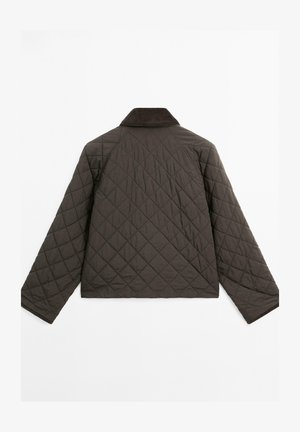 Kurtka pikowana w ciemnoszarym kolorze z kołnierzem z sztruksu, o luźnym kroju i szerokich rękawach, z diamentowym wzorem na całej powierzchni.