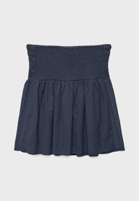 Dark blue, strapless, smocked mini dress with gathered skirt made from textured fabric.