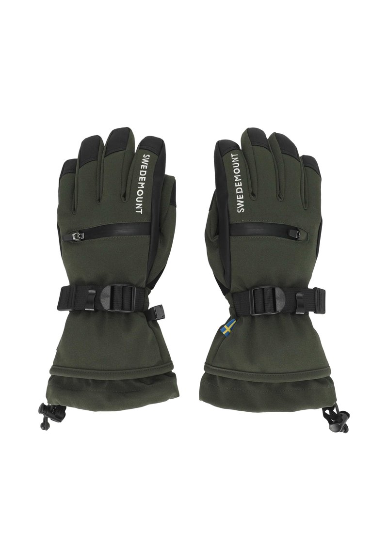 Ett par olivgröna vinterhandskar med svarta detaljer, justerbara handledsremmar, dragkedjefickor och en liten svensk flagga på en av handskarna.