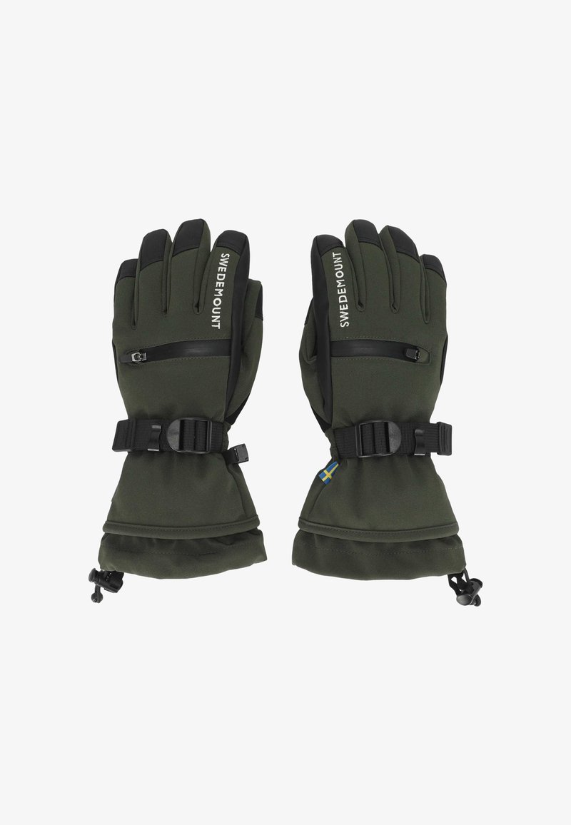 Ett par olivgröna vinterhandskar med svarta detaljer, justerbara handledsremmar, dragkedjefickor och en liten svensk flagga på en av handskarna.