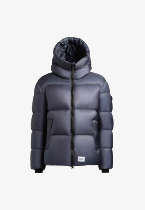 Puffy dark blue jacket with a high collar and hood. Features a front zipper, elastic cuffs, and a small logo patch on the front.