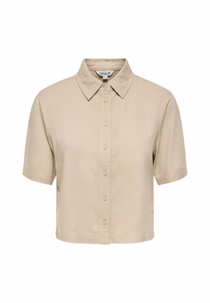 Beige cropped kort mouw blouse met knopen, puntige kraag, lichtgewicht stof en merklabel aan de binnenkant van de kraag.