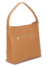 Sac d'épaule en cuir marron clair avec une large sangle et une poche avant zippée avec une fermeture éclair dorée.