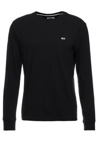 Schwarzes langärmliges T-Shirt aus Baumwolle. Hat einen Rundhalsausschnitt und ein kleines Logo auf der Brust. Einfaches Design und glatte Textur.