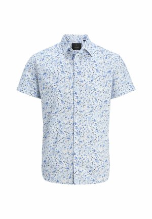 Camisa de manga corta abotonada en azul claro con un patrón floral. Está hecha de una tela ligera que presenta distintas flores azules sobre un fondo blanco.