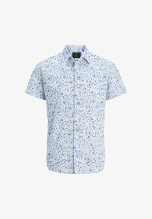 Lühikeste varrukatega nööpidega särk helesinisena, millel on lilleline muster. Valmistatud kergest kangast, millel on erinevad sinised lilled valgel taustal.