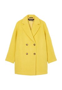Abrigo de lana amarillo con un diseño de doble botonadura, solapas muescas y botones redondos en tono beige. La textura es suave y peluda.