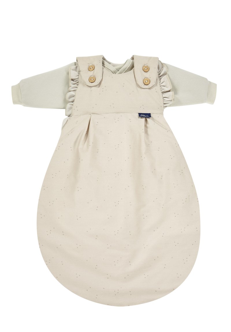 Ärmelloses beiges Babykleid mit Rüschendetails an den Schultern, Holzknöpfen und einem dezenten gepunkteten Muster. Aus weichem Baumwollmaterial mit ovaler Form.