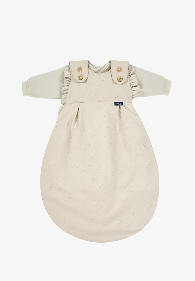 Ärmelloses beiges Babykleid mit Rüschendetails an den Schultern, Holzknöpfen und einem dezenten gepunkteten Muster. Aus weichem Baumwollmaterial mit ovaler Form.