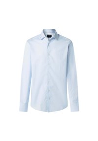 Svijetlopliva muška košulja dugih rukava s gumbima na prednjem dijelu i klasičnom kragnom, prikazana na bijeloj pozadini.