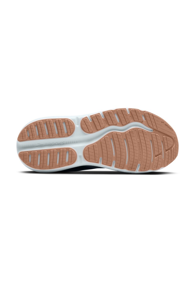 Die Schuhsohle verfügt über ein strukturiertes Gummidesign mit unterschiedlichen Traktionsmustern. Die Farbkombination umfasst Hellblau und Beige.