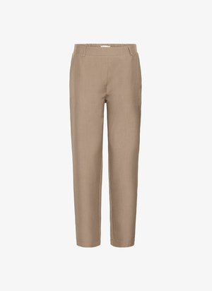Pantalons beige sur mesure avec une texture lisse, une taille élastique et une coupe droite. Comprend des poches avant et une coupe simple.