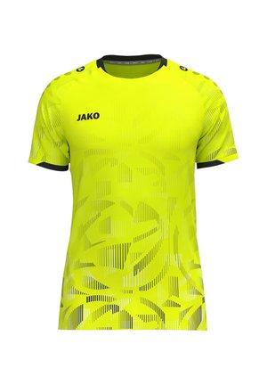 Camiseta deportiva de manga corta de color amarillo brillante con patrones abstractos sutiles, ribete negro en el cuello y las mangas, y logo de JAKO en el pecho y los hombros.