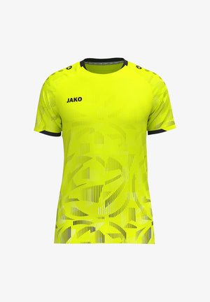 Helgeel sportshirt met korte mouwen met subtiele abstracte patronen, zwarte afwerking aan kraag en mouwen en JAKO-logo op borst en schouders.