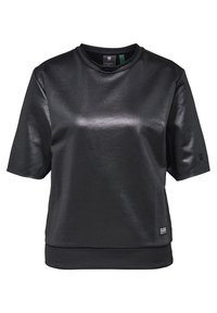 Svart kortärmad topp i ett glänsande tyg med rundad halsringning och ribbad nederkant; har en liten logotag på nederkanten till vänster.