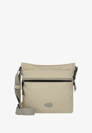 Beige shoulder bag in durable fabric, featuring a zippered front pocket, adjustable strap, and a subtle logo on the front.