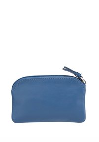 Pochette in pelle blu con una parte superiore arrotondata, chiusura a zip e un piccolo cursore. Texture liscia, design minimalista e nessun hardware visibile.