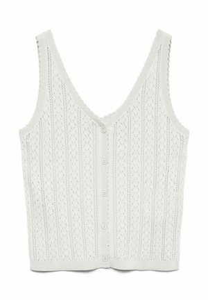 Witte mouwloze gebreide vest met V-hals, kantachtig patroon, geschulpte randen en knoopsluiting aan de voorkant.