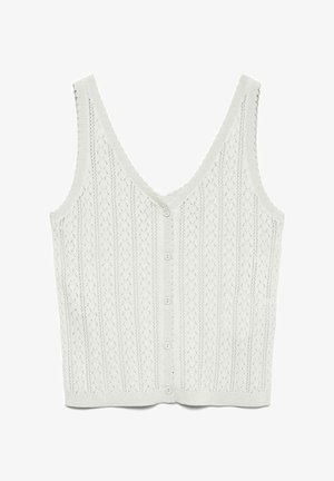 Witte mouwloze gebreide vest met V-hals, kantachtig patroon, geschulpte randen en knoopsluiting aan de voorkant.