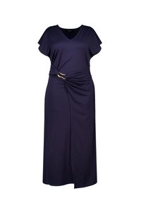 Navyblauwe maxi-jurk van zachte stof met een V-hals, fladdermouwen, een gedraaide taille met een gouden accent en een zijsplit.