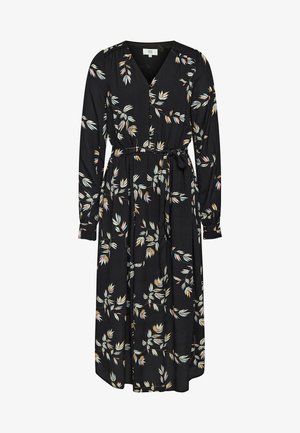 Black long-sleeve dress with a V-neck, floral print featuring leaves in white, yellow, and pink. Includes a tie belt and button-down front.